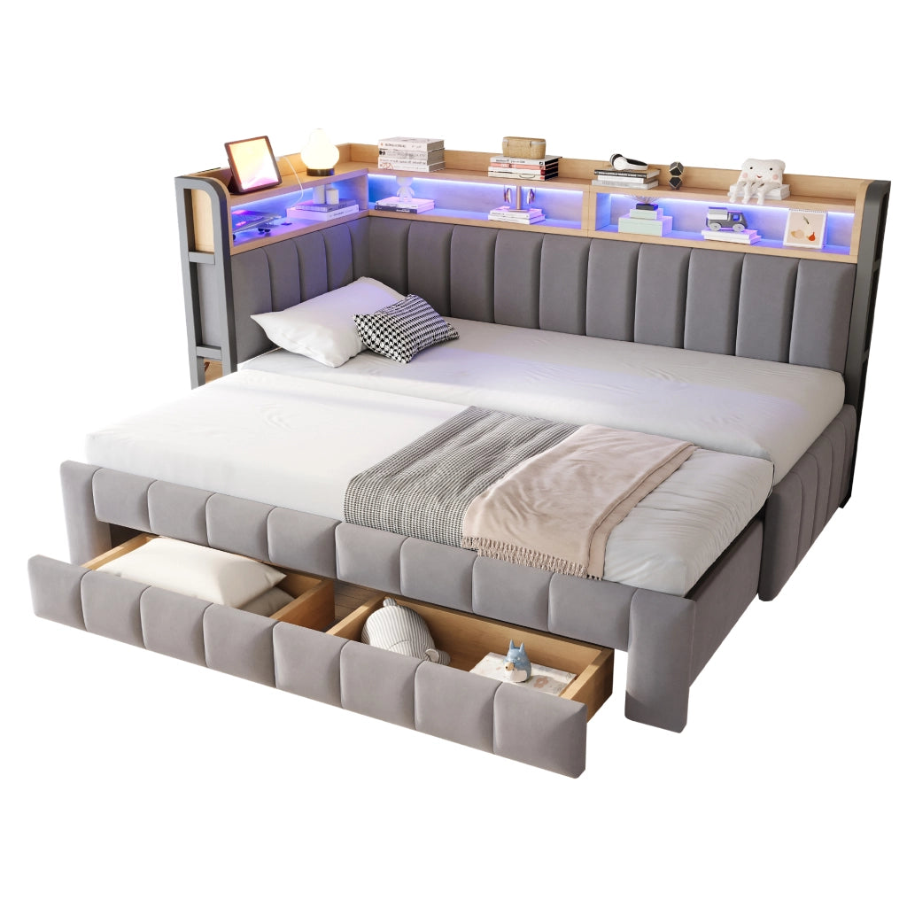 Letto imbottito trasformabile 90x200 cm in 180x200 cm con contenitore, LED, USB e Type-C, velluto grigio chiaro
