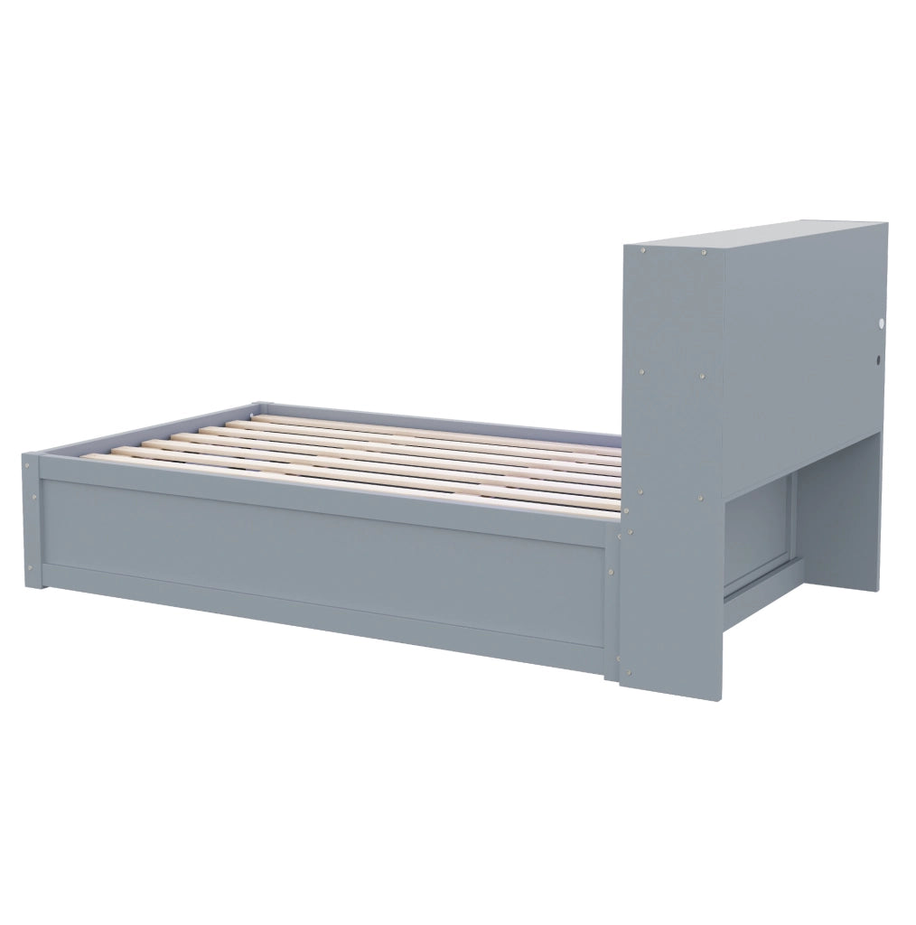 Letto multifunzione 90x200 cm grigio in legno con LED; presa integrata e 4 vani contenitore