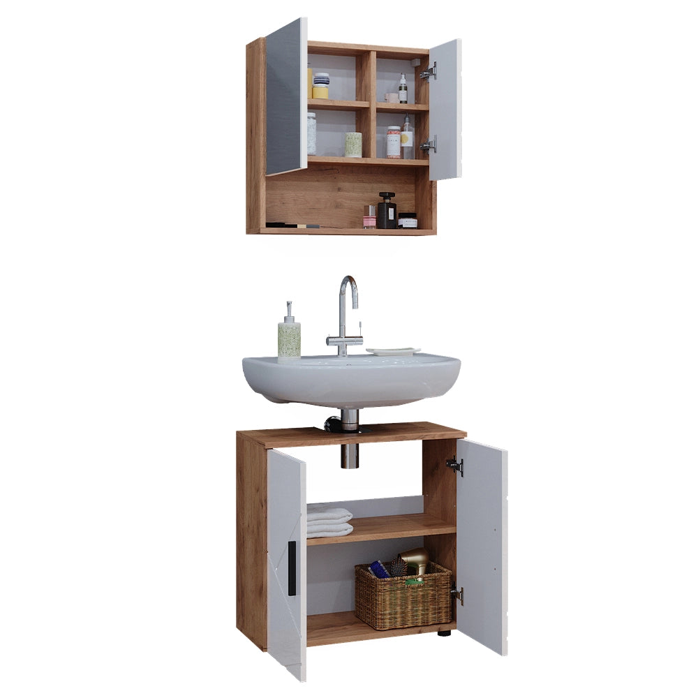 Vicco Set di mobili da bagno Bianco lucido/oro power oak 2 parti, mobile base 60 cm