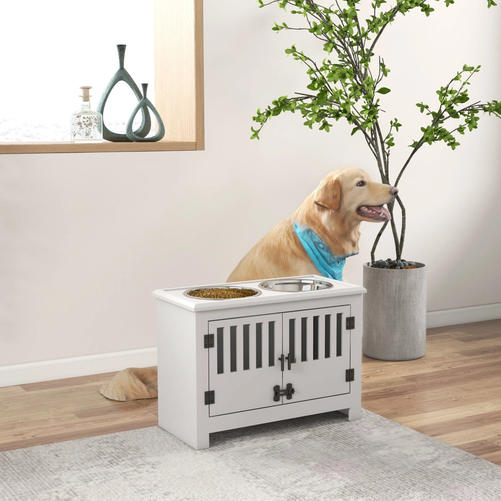 Stazione di alimentazione rialzata per cani di taglia grande con 2 ciotole in acciaio inossidabile e vano di stivaggio ¨C Minimal ¨C Bianco 35.5x60x30 cm