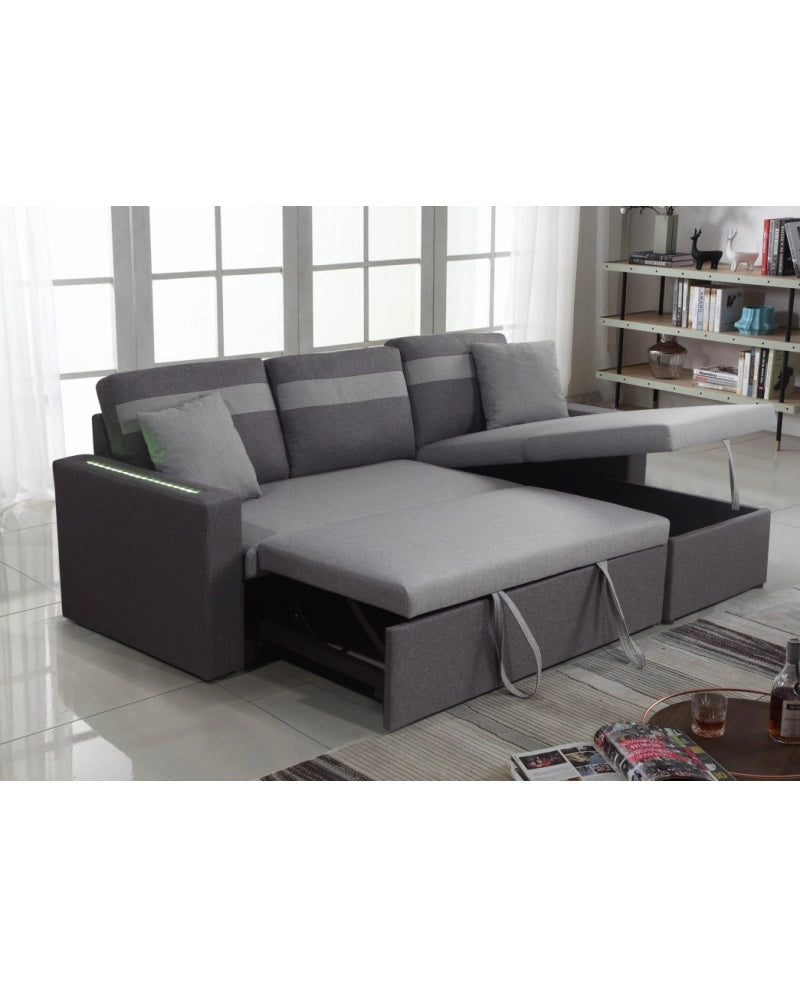 Divano letto contenitore, reversibile angolare, led, microfibra grigio chaise longue Sicorage Tuky
