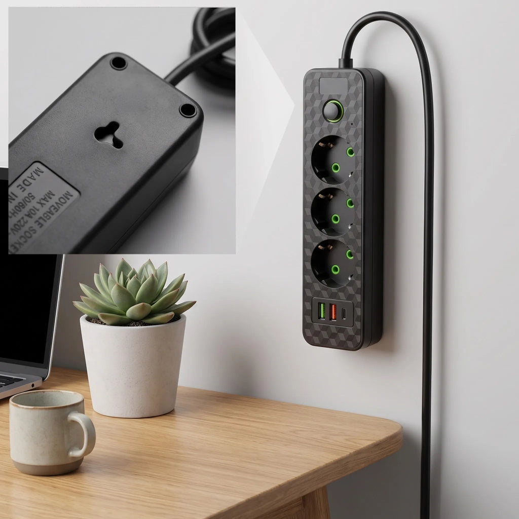 Multipresa Con Prolunga, 3 Prese + 2 Porte Usb-a + Usb-c Jnh020-3a Black