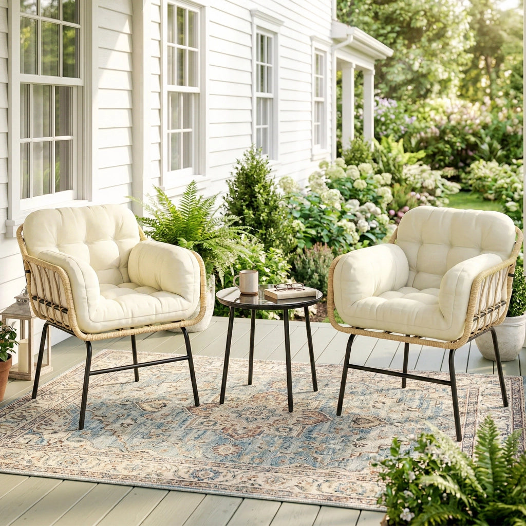Set da giardino 3 pezzi in polyrattan ¨C Minimal ¨C tavolo in vetro, cuscini, kaki, 62x73x79cm