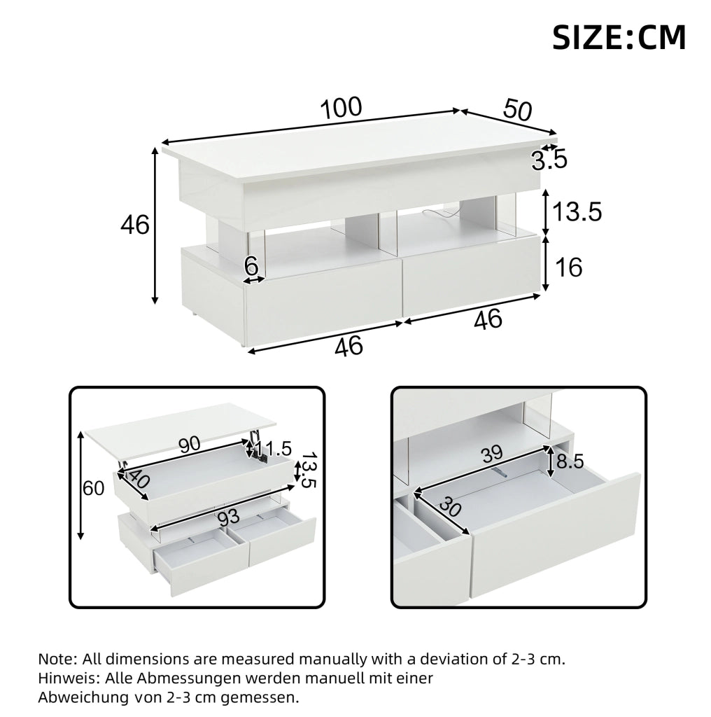 Tavolino da salotto sollevabile 100 x 50 x 46 cm bianco con 2 cassetti e LED