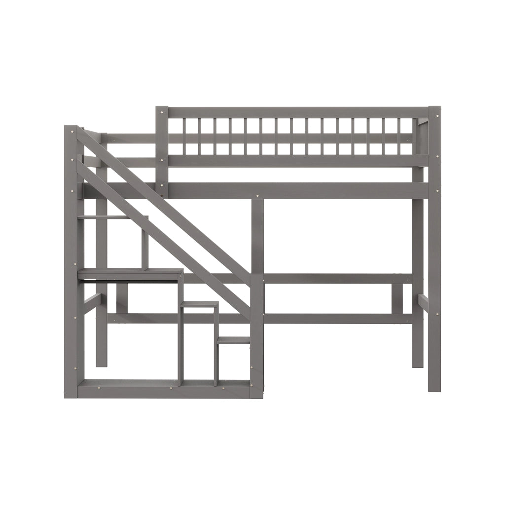 OKWISH Letto a soppalco 140×200 cm, Letto Matrimoniale con Scala Contenitore, 3 Armadietti e Sponda Alta, senza Materasso, Grigio