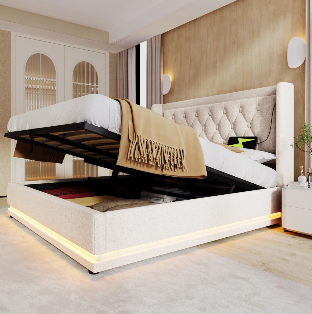Letto 180x200 cm con contenitore idraulico, LED e USB-C in cotone beige