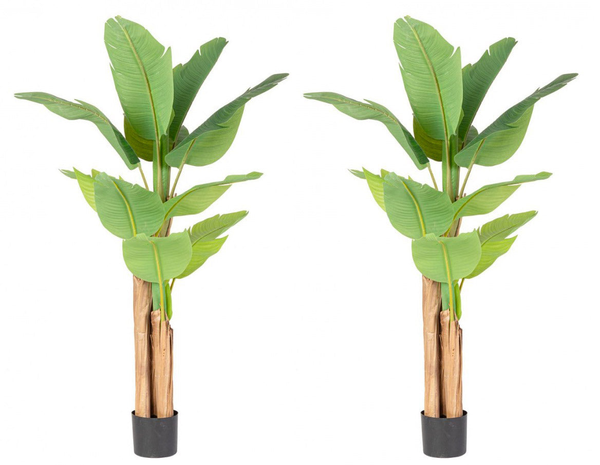 Set 2 Piante Artificiali di Banano 90x110x150 cm in Plastica con Vasi Verde