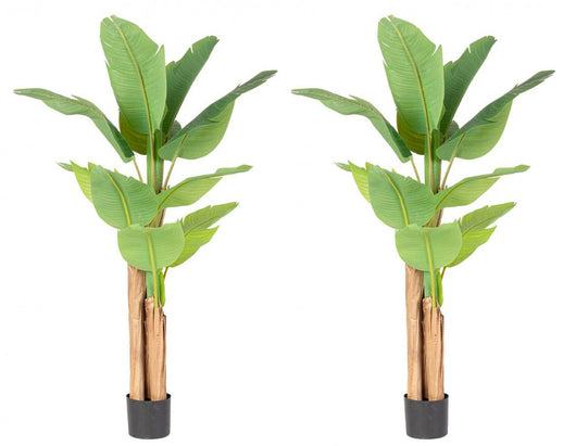 Set 2 Piante Artificiali di Banano 90x110x150 cm in Plastica con Vasi Verde