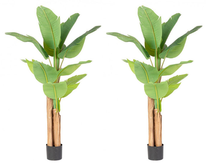 Set 2 Piante Artificiali di Banano 90x110x150 cm in Plastica con Vasi Verde