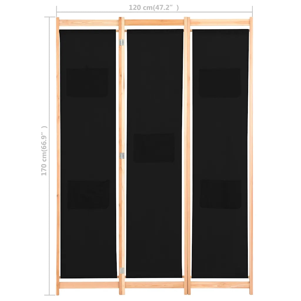 Divisorio Ambienti | Divider per stanze | Paravento a 3 Pannelli Nero 120x170x4 cm in Tessuto