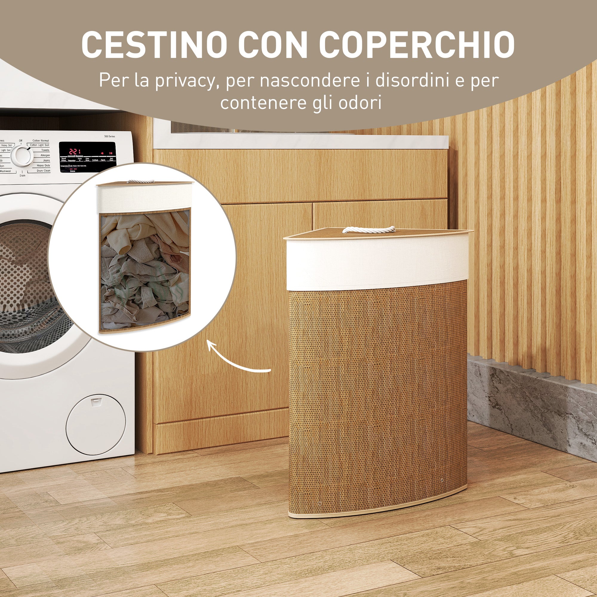 Cesto Portabiancheria Angolare da 55L con Sacco Rimovibile 35x35x60 cm in Vimini e Bambù Marrone