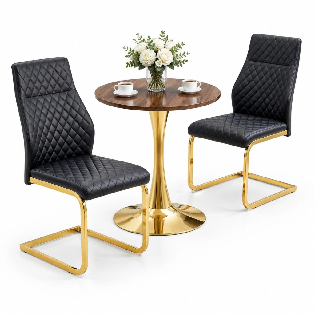 Set tavolo e sedie 60 cm in MDF effetto noce, nero e oro, per 2 persone