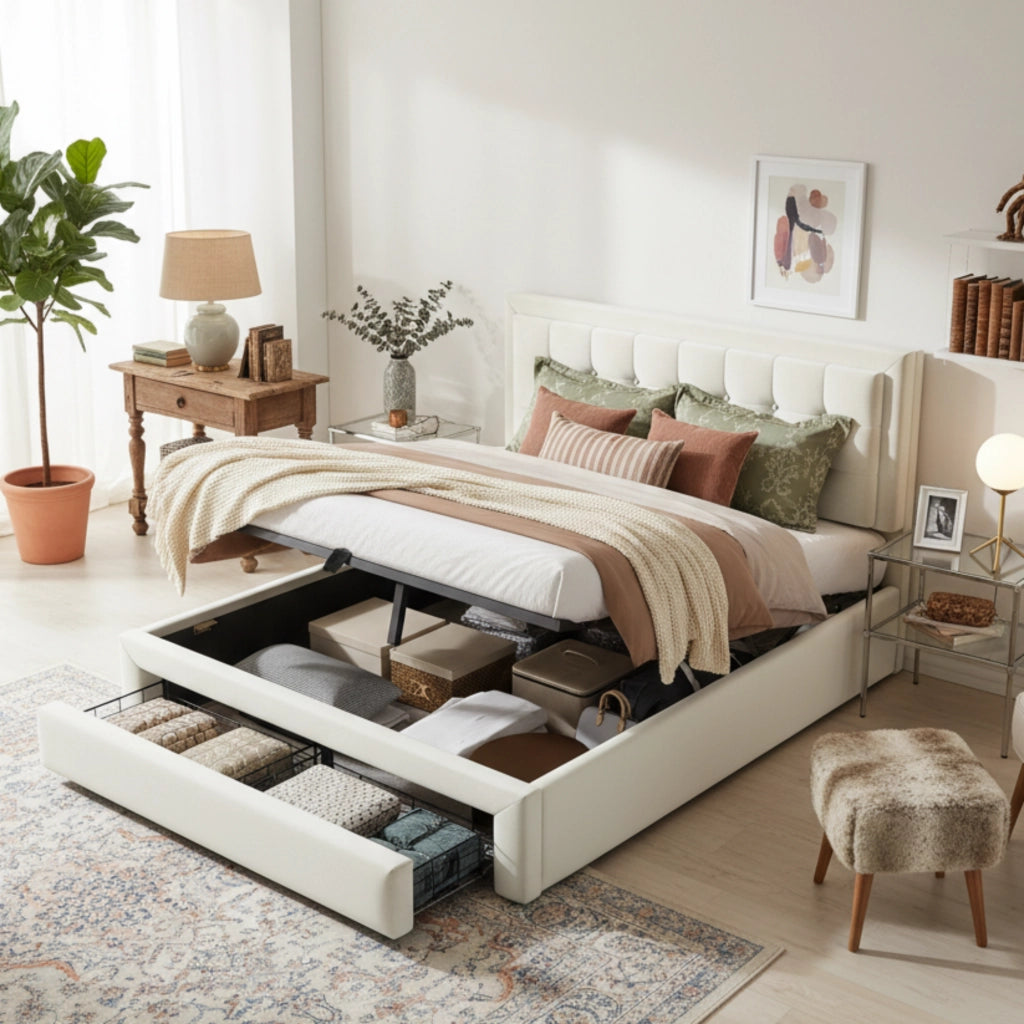 Letto imbottito beige in velluto con testiera regolabile, contenitore con sollevamento idraulico e 2 cassetti, struttura per 140x200 cm