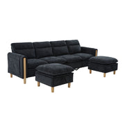 Divano modulare 4 posti - con 2 pouf contenitore e tasche laterali - in chenille nero
