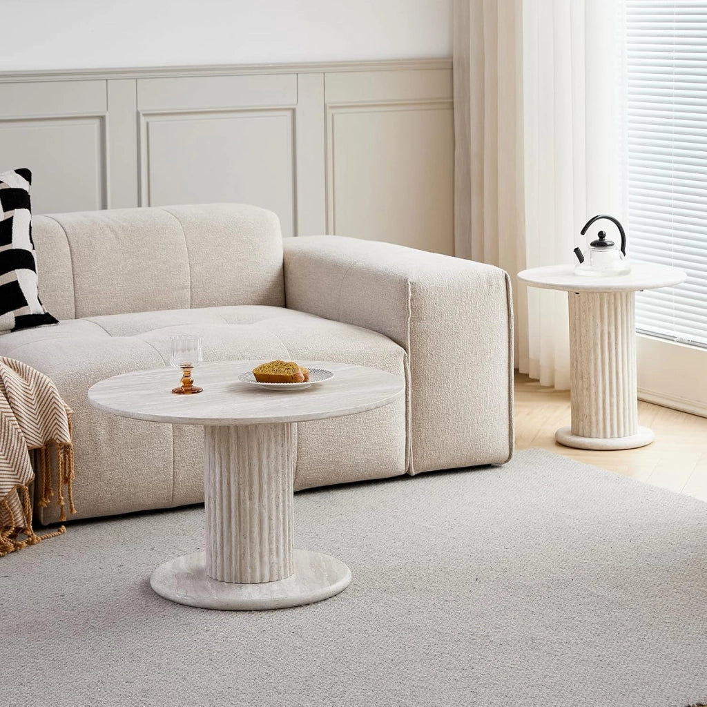 GrandCA HOME Set di 2 Tavolini Rotondi Impilabili con Gambe Cilindriche ed Effetto Travertino Grigio Finto, Tavolino da Caffè in Stile Minimalista Moderno per Soggiorno o Camera da Letto