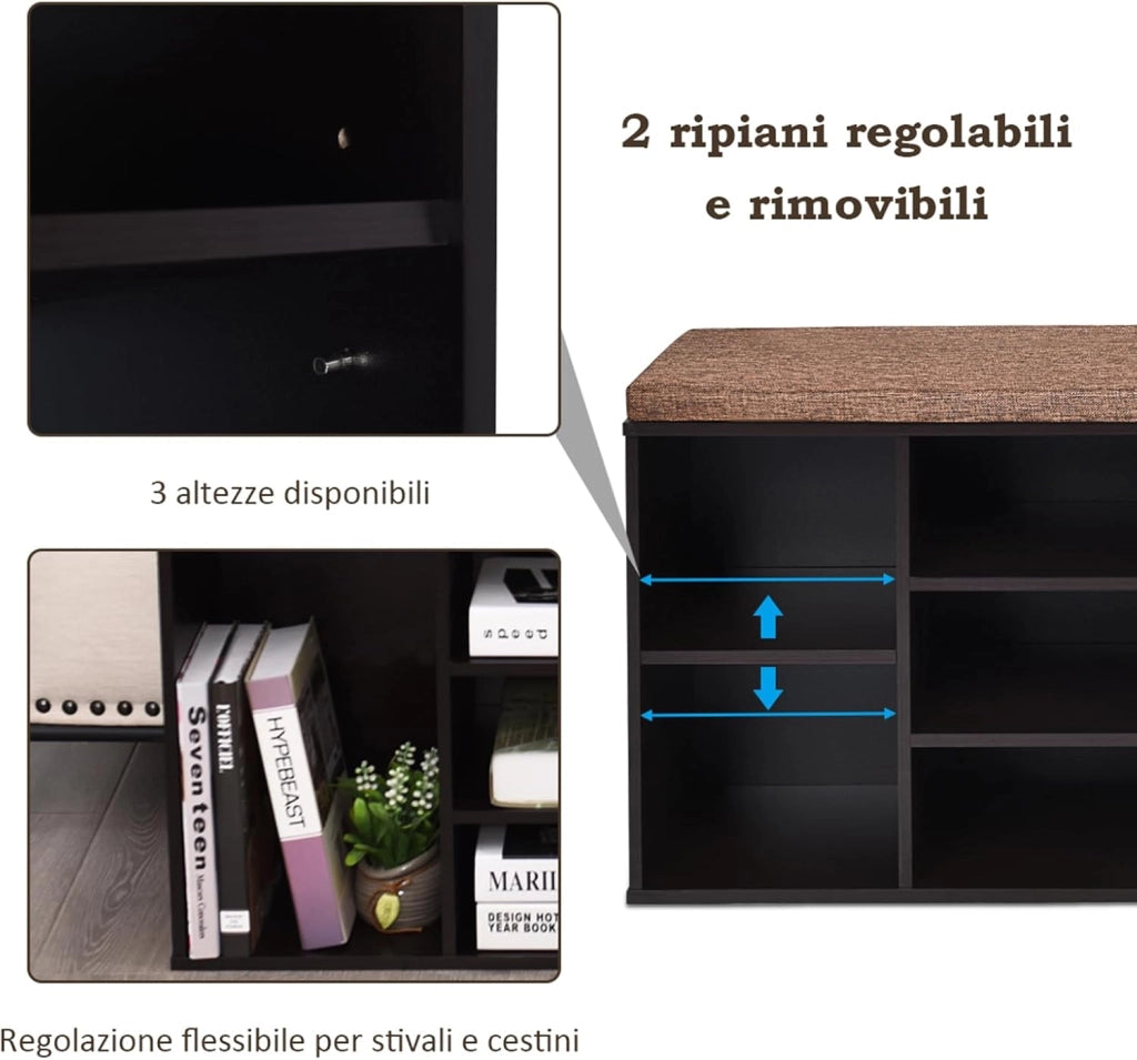 Scarpiera Salvaspazio da Ingresso con 10 Scomparti, Panca Contenitore con Cuscino, Cassapanca Portascarpe 104 x 30 x 48cm (Marrone)