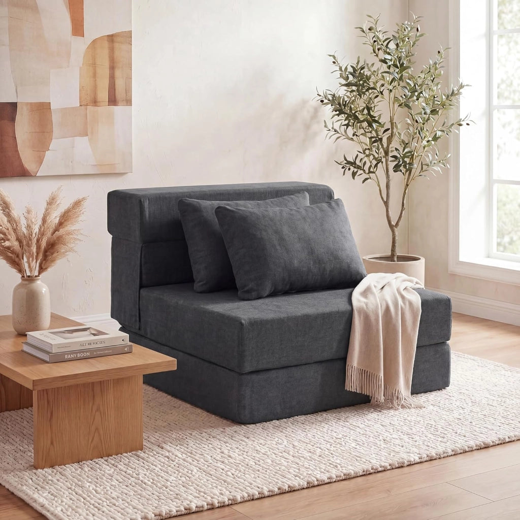 Divano Letto 2 Posti Pieghevole, 3 in 1 Divanetto Trasformabile con 2 Cuscini, Schiuma ad Alta Densità e Rivestimento in Tessuto Chenille, Poltrona Letto per Soggiorno (Grigio,72 x 76 x 58 cm)