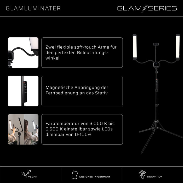 GlamSeries GlamLuminater Luce LED, lampada con 2 bracci flessibili, temperatura di colore regolabile in continuo, lampada con telecomando, illuminazione per make-up artist