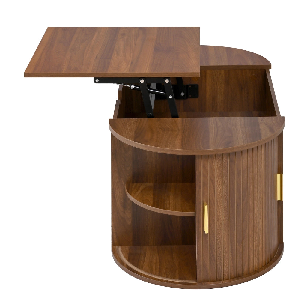 Tavolino Da Salotto Alzabile Ovale con 2 Ante Scorrevoli e Ripiani Aperti; Stile Moderno Retrò; in MDF; 100×50×40;5 cm; Noce