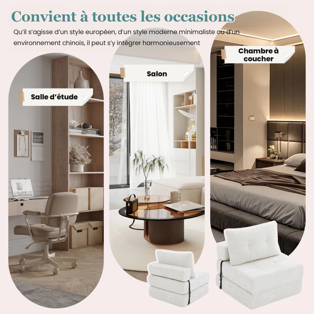 OKWISH Divano Letto Pieghevole con Schienale, Cuscini Poggiatesta e Lombare, Schiuma ad Alta Densità, Ciniglia Beige