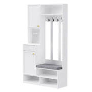 Mobile da ingresso con 1 Anta; 2 Cassetti; 4 Ganci e Panchina Imbottita per Ingresso in MDF 100×35×180 cm Bianco