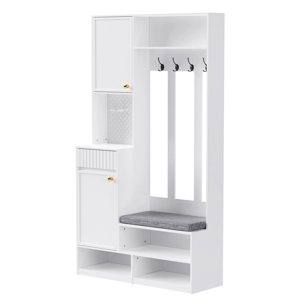 Mobile da ingresso con 1 Anta; 2 Cassetti; 4 Ganci e Panchina Imbottita per Ingresso in MDF 100×35×180 cm Bianco
