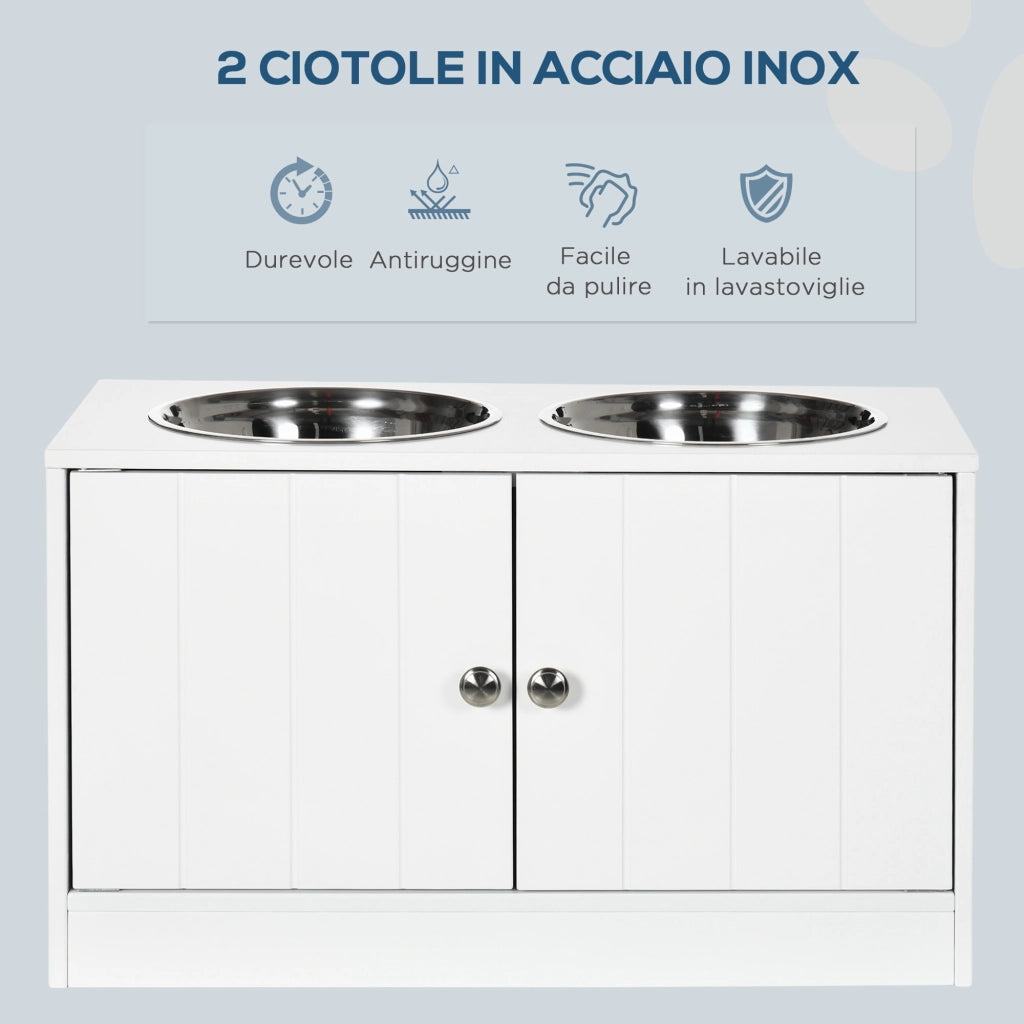 Ciotola Rialzata per Cani con Mobile Contenitore 44L e 2 Ciotole Acciaio ¨C Xylo ¨C Bianco 60x30x35.5cm