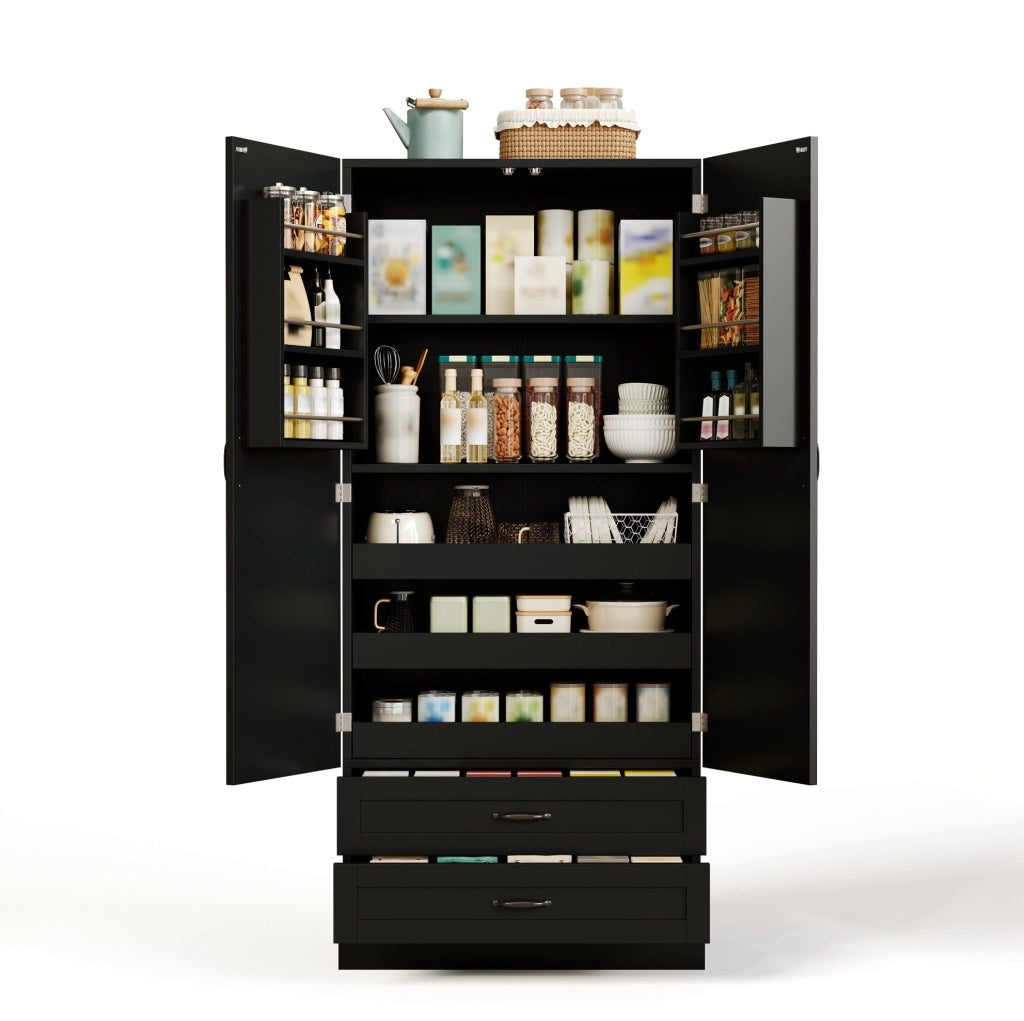 Mobile dispensa alto con 3 ripiani estraibili; 2 cassetti e ante; 180x80x37;5 cm; MDF nero