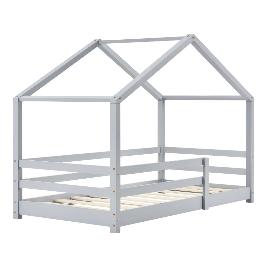 Letto per Bambino a Forma di Casetta con Barriere di Sicurezza e Materasso Ortopedico 70 x 140 cm Lettino in Legno di Pino con Sponde - Grigio Chiaro
