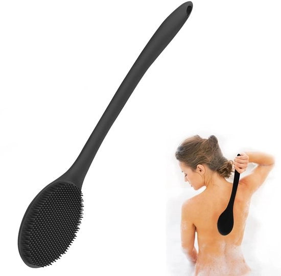 Rugborstel con lunga setola, scrub corpo in silicone, spazzola per pavimento per uomini e donne, spazzola per doccia per anziani con limitata mobilità articolare, nero