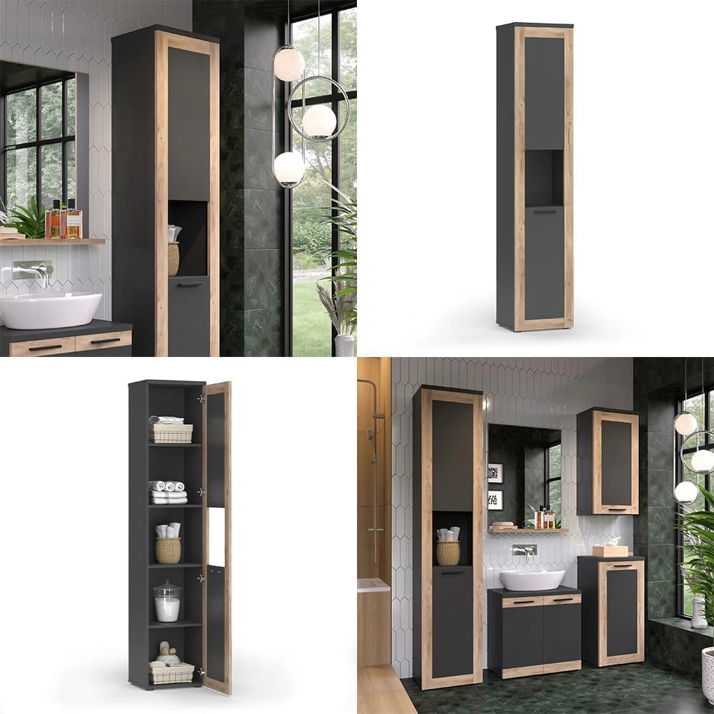 Mobiletto da bagno Niko, Antracite, 40 x 194.3 cm, adatto per la conservazione di articoli da bagno e asciugamani