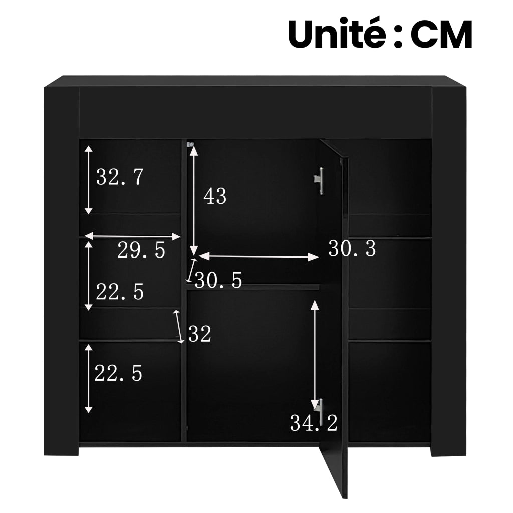 Credenza con 1 Anta e Ripiani in Vetro; Frontale Lucido; Stile Moderno; in Pannello Truciolare; 95??35??83 cm; Nero