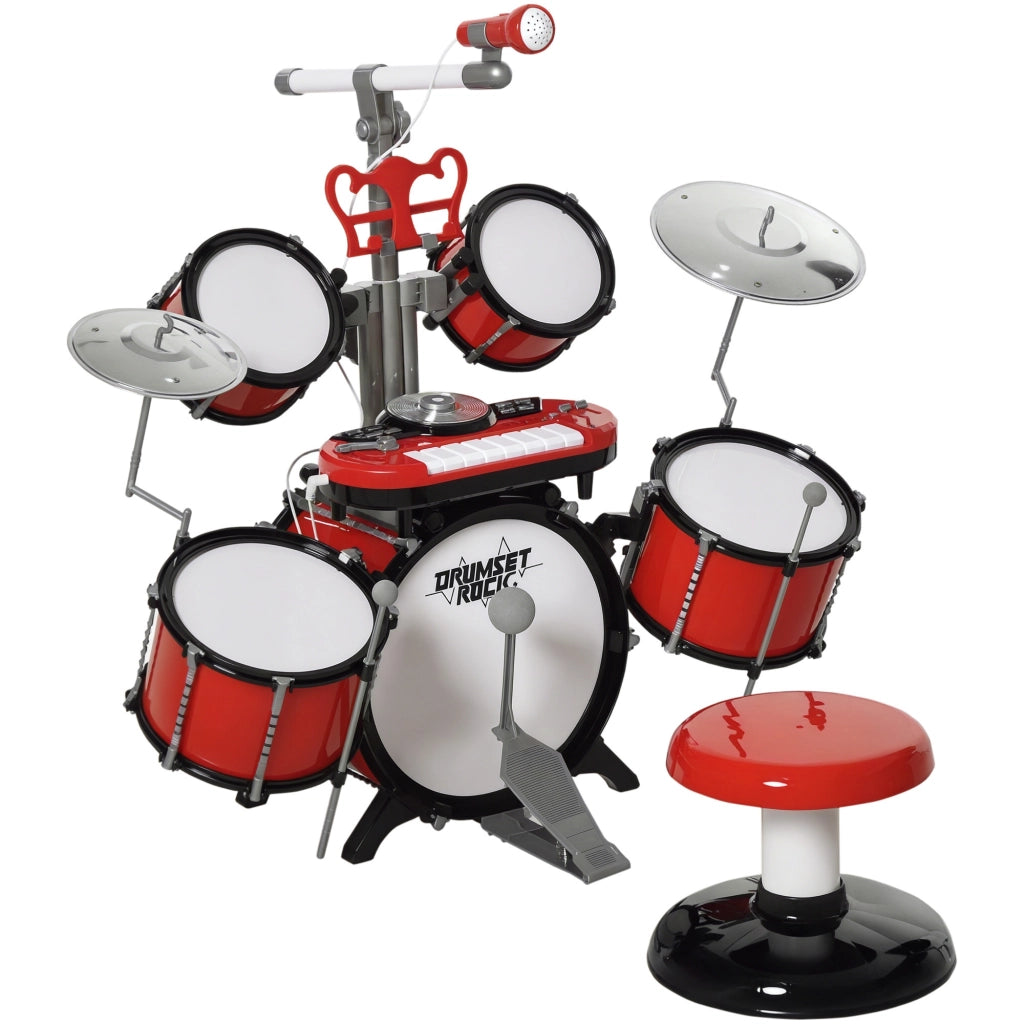 Batteria Musicale per Bambini con Sgabello ¨C Xylo ¨C 4 Tamburi, Microfono, Piatti, Bacchette, Rosso, +3 Anni