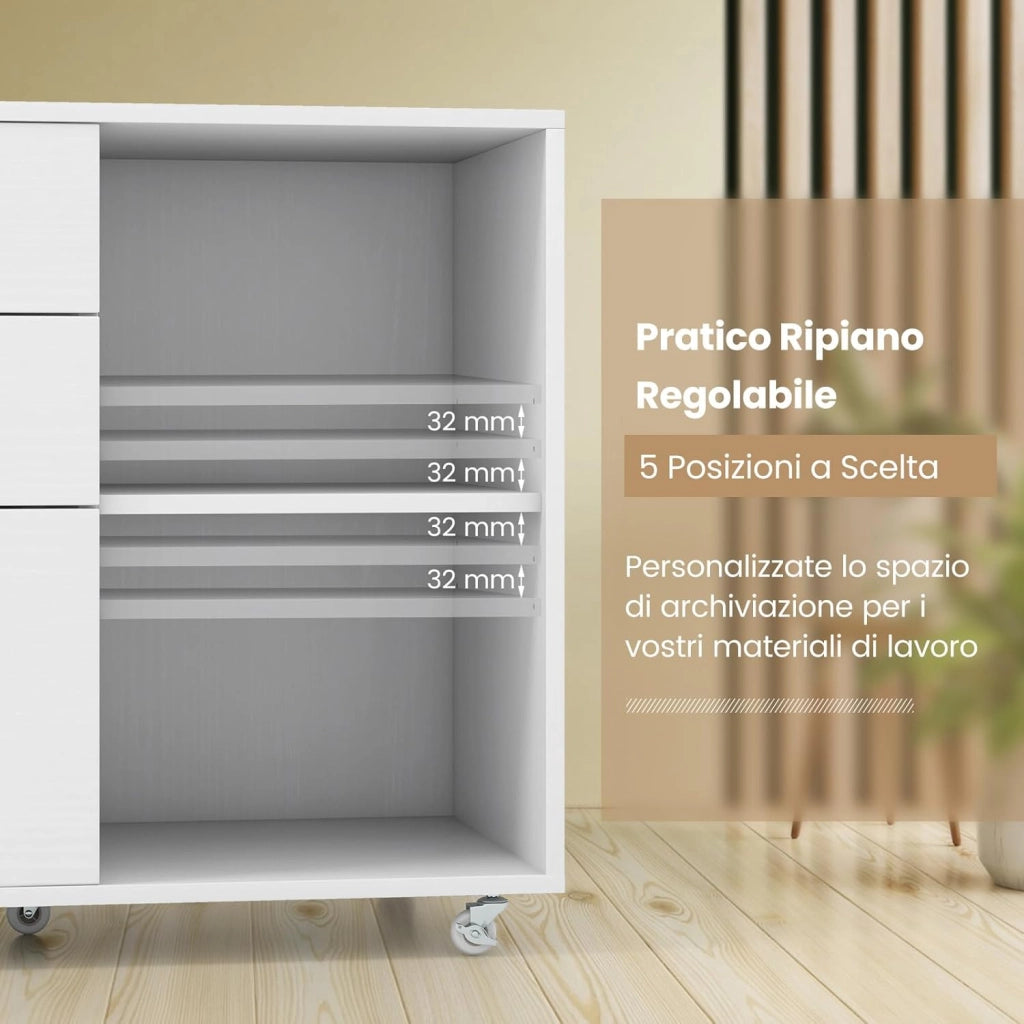 Cassettiera Ufficio, Mobiletto Rimovibili in Legno con 3 Cassetti Regolabili, 2 Scomparti e Ruote con Freno, Credenza Multiuso per Soggirno e Ingresso (Bianco)
