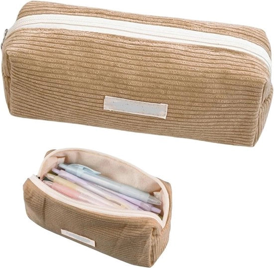 Etui a penna per ragazze adolescenti in corduroy - borsa scolastica marrone - estetico - contenitore per penne.