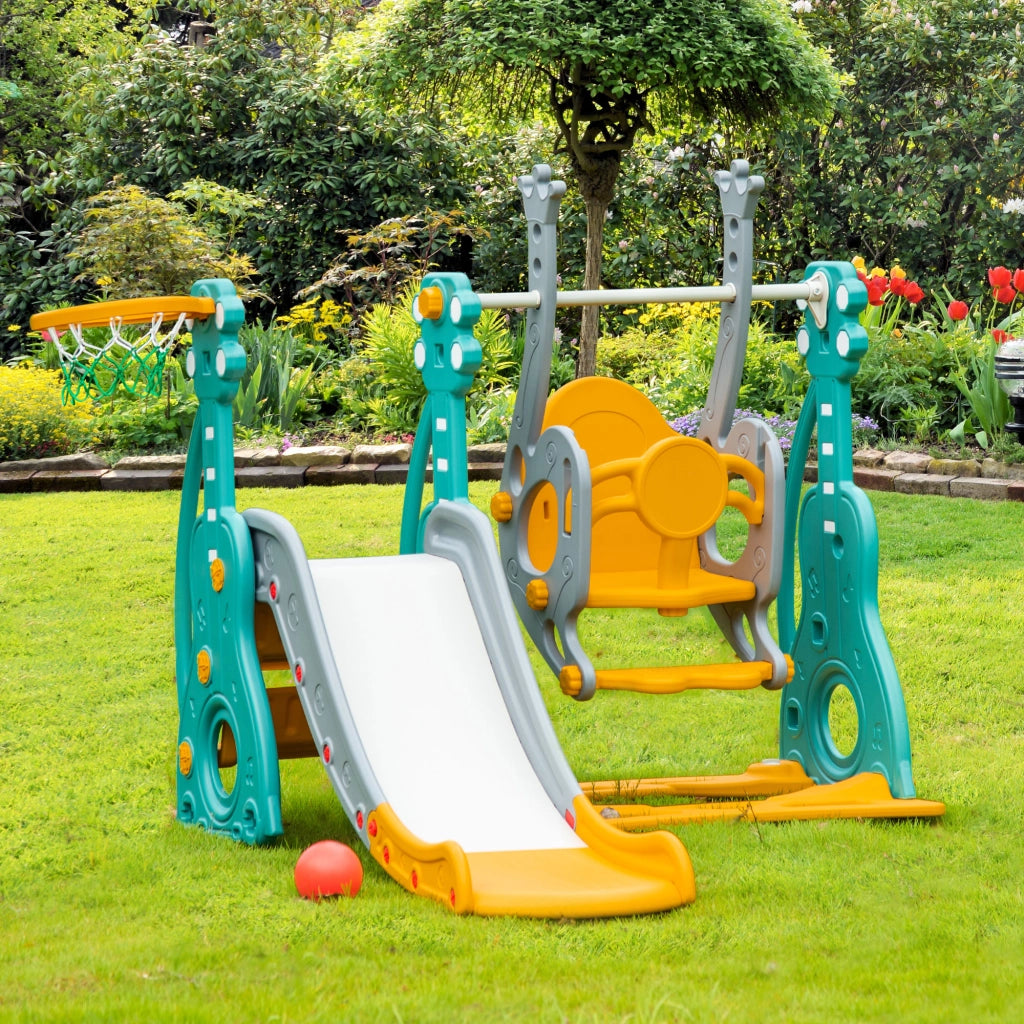 Set giardino bambini toboggan e altalena 4 in 1 con canestro ¨C zephmum ¨C blu e giallo 152x149x107cm