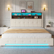 Letto 160x200 cm con contenitore; LED e USB-C in velluto beige