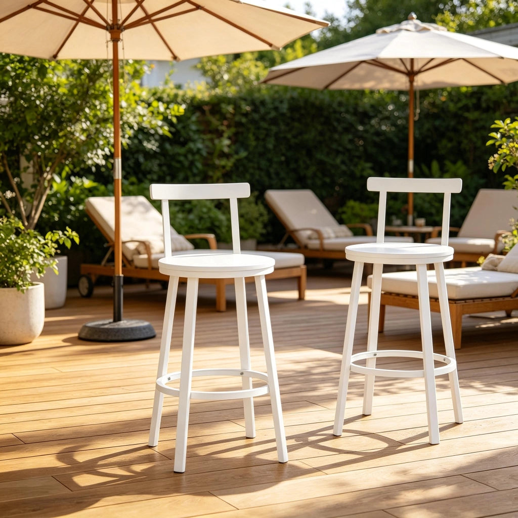 Sgabello da bar con schienale curvo e anello poggiapiedi in MDF e metallo bianco 2 pezzi per cucina 65 cm