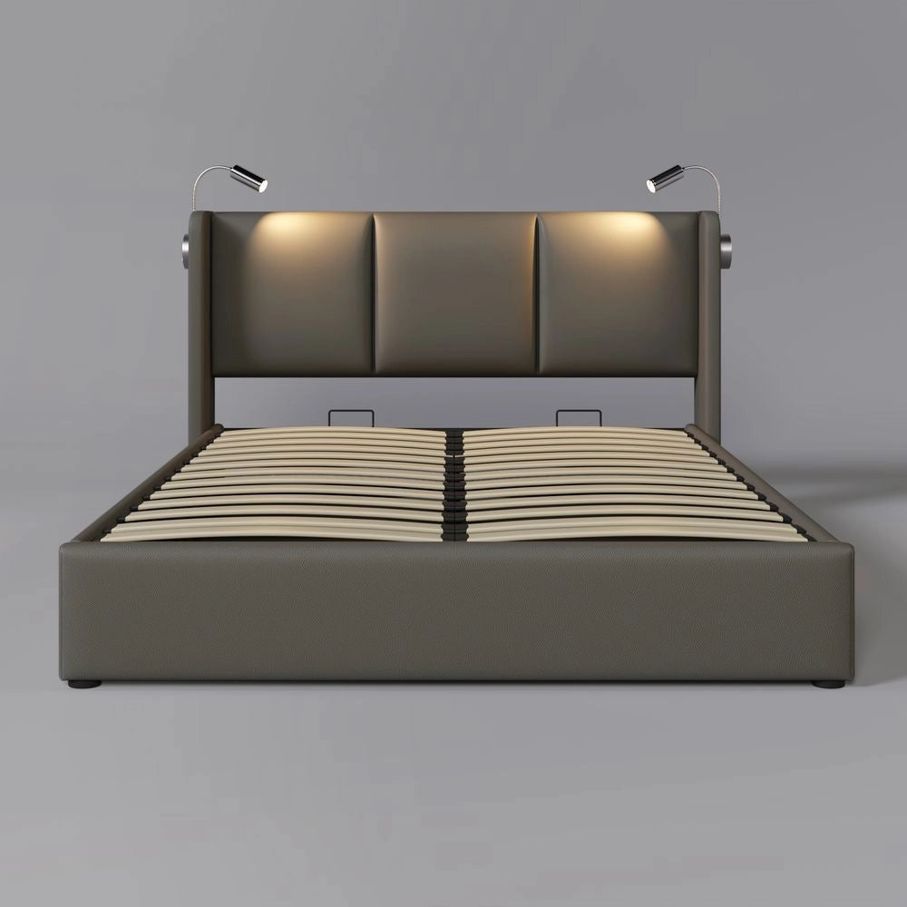 Letto con contenitore - Xylo - 140x200 - Grigio - USB, luce LED per la lettura