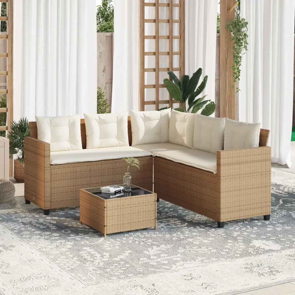 Divano da Giardino con Tavolo e Cuscini a L Beige in Polyrattan 369043