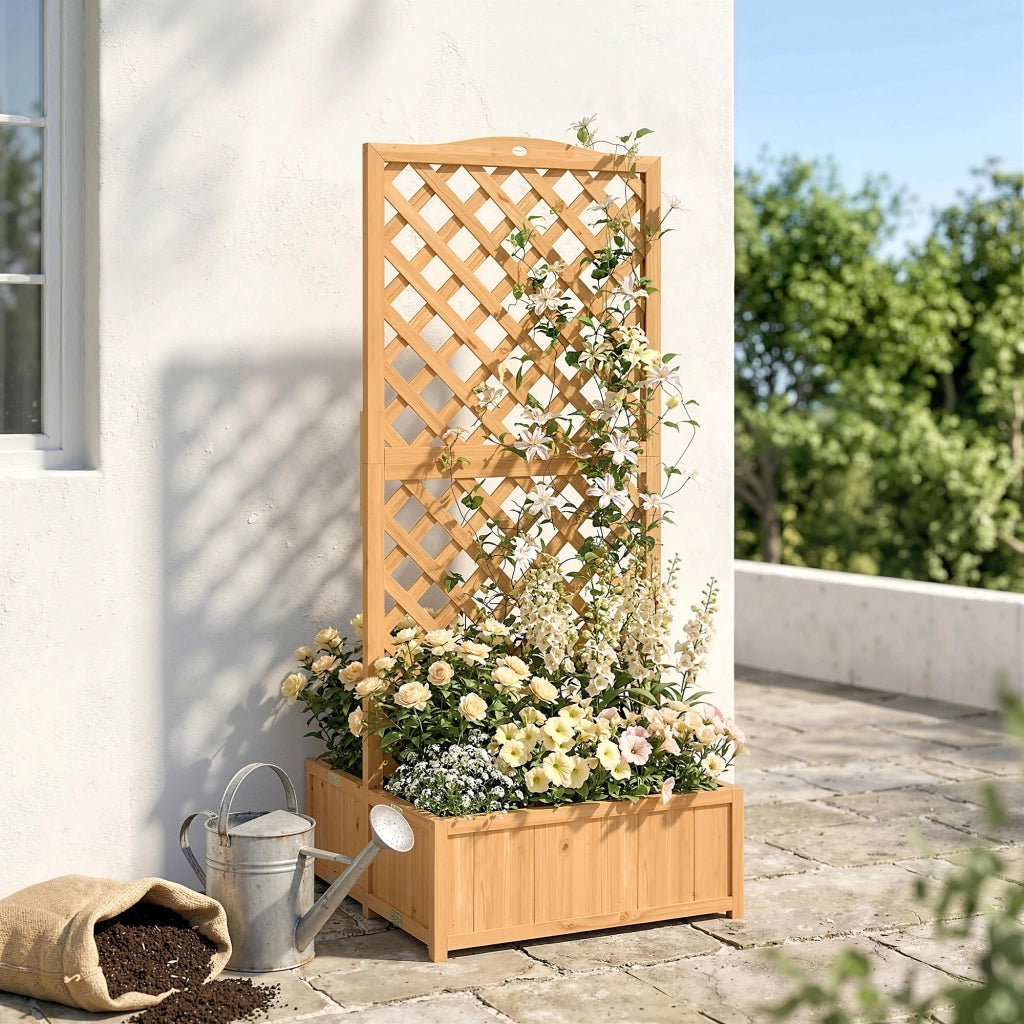 Fioriera con Griglia in Legno per Piante Rampicanti con 2 Contenitori Pieghevoli ¨C zephmum ¨C Legno Naturale 73x70x170 cm