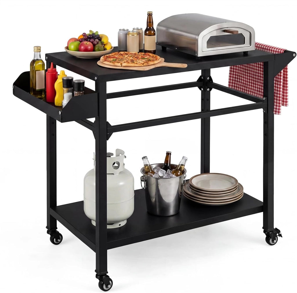 Carrello per Barbecue con 4 Ruote, Carrello Cucina da Esterno per BBQ in Metallo con Portaspezie, Portasciugamani e Ripiano Portaoggetti Inferiore, per Giardino e Terrazza, 100 x 80 x 45 cm