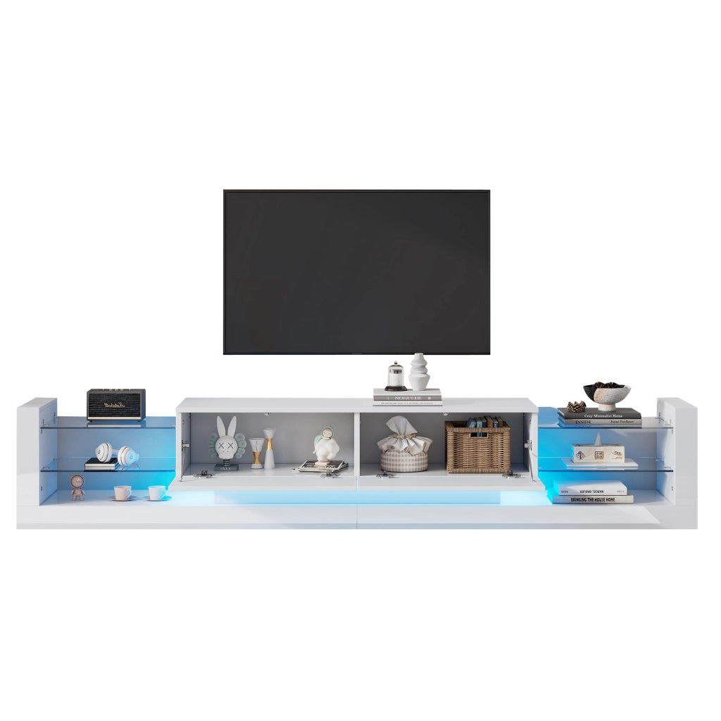 Mobile TV ad alta finitura lucida con illuminazione LED, 181 cm, per TV fino a 80 pollici, frontale in vetro, due cassetti ribaltabili