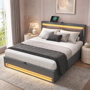 Letto imbottito grigio 140 x 200 cm con LED, USB e vano contenitore
