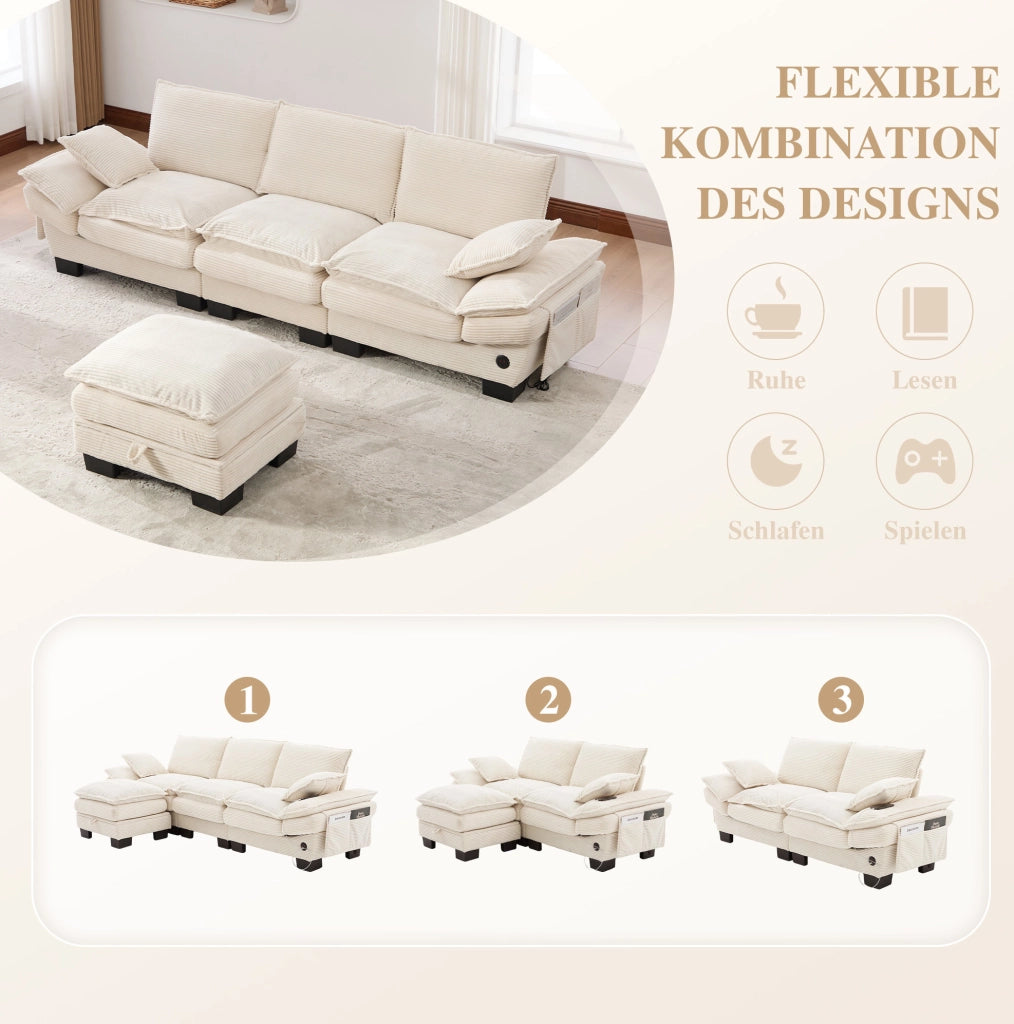 Divano modulare 3 posti con pouf e vano contenitore; USB-C; velluto a coste beige