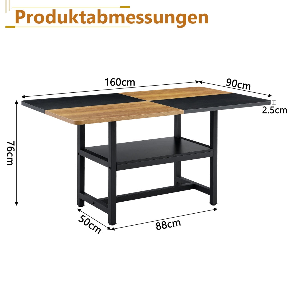 Tavolo da pranzo per 4-6 persone con ripiano integrato, struttura in MDF e metallo, nero e legno, 160 × 90 × 76 cm