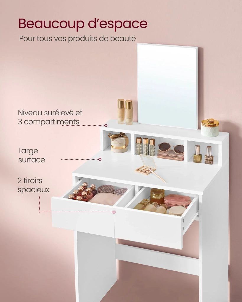 Toletta con specchio grande tavolo da trucco con 2 cassetti e 3 scomparti angolo bellezza in stile moderno bianco 12_0005152