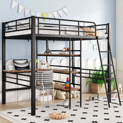 OKWISH Letto a Soppalco 90×200 cm, Letto Singolo con Scrivania, Mensole, Sponda e Scala, senza Materasso, in Metallo, Nero