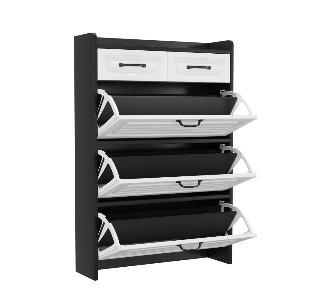 Scarpiera 80x23.5x131 cm con 3 scomparti girevoli e 2 cassetti in pannello truciolare bianco e nero
