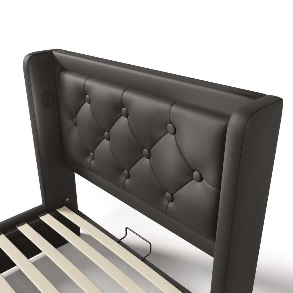 DESMIU Letto con contenitore 90 × 200 cm 1 posto con LED a 3 lati, USB e Type-C, senza materasso, PU, nero
